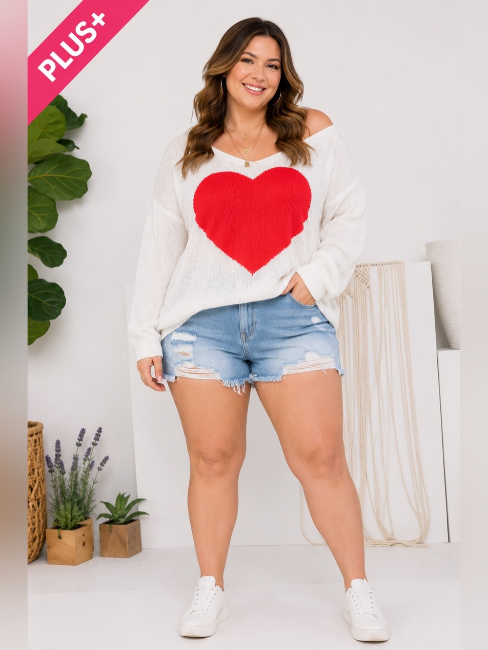 Plus Size White Sweater with Red Heart - 753